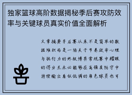 独家篮球高阶数据揭秘季后赛攻防效率与关键球员真实价值全面解析 独家篮球高阶数据揭秘季后赛攻防效率与关键球员真实价值全面解析
